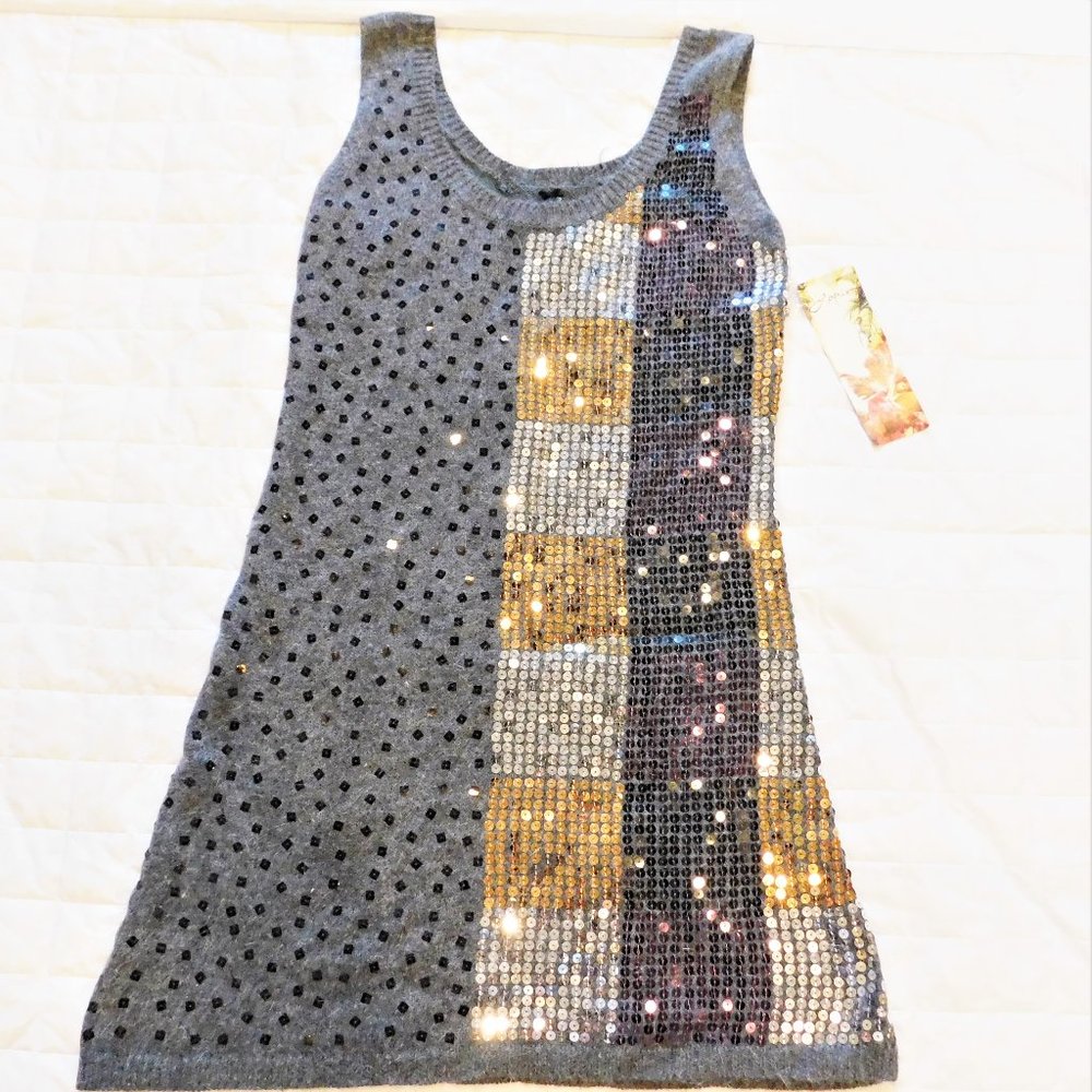NEW Anthropologie LAPIS Angora Blend Gold Silver Sequin Bling Tank Mini Dress